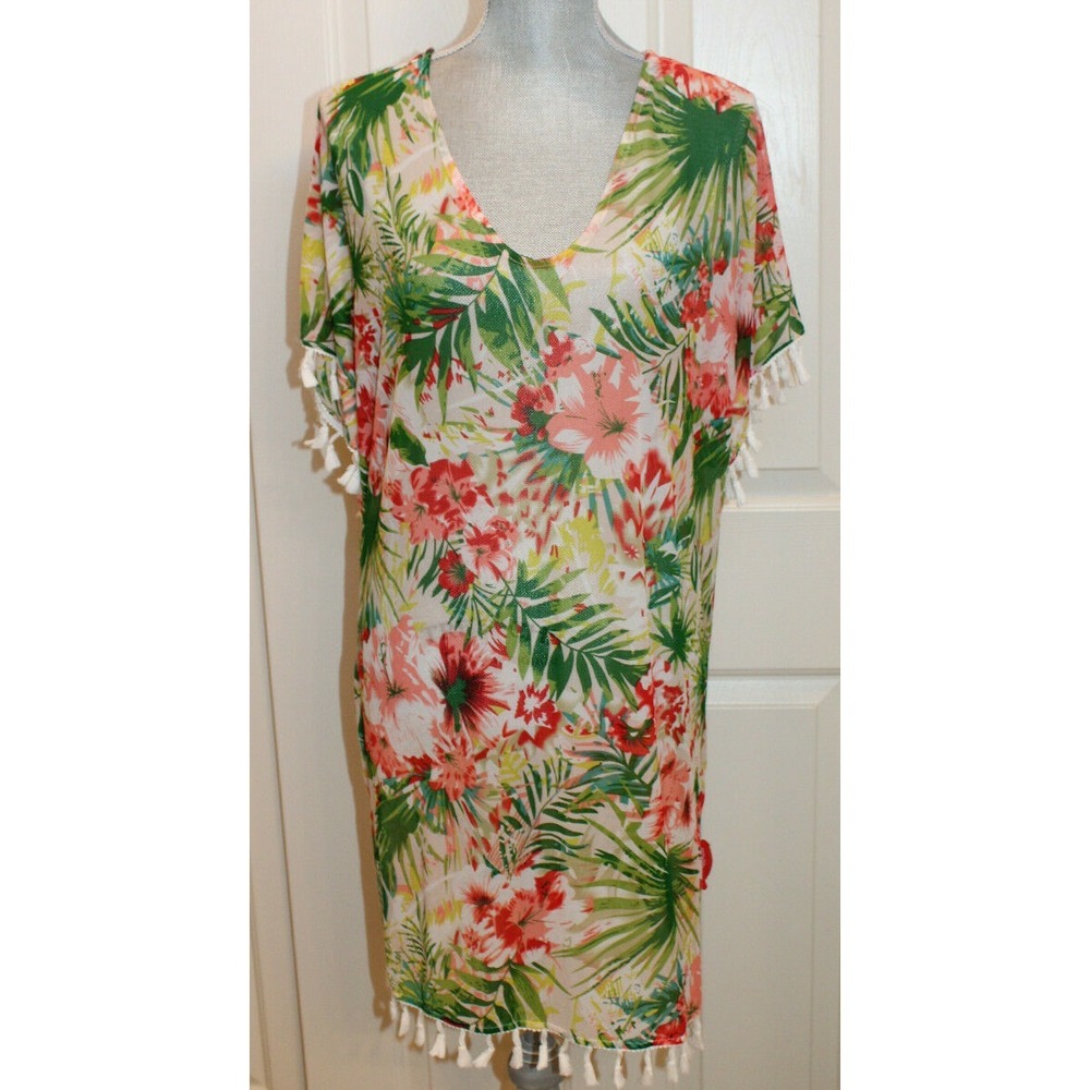 JOIE swim suit cover-up tunic‎ dress size 8 tropical floral fringe trim NWT